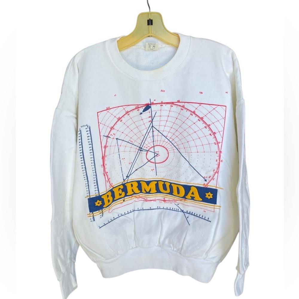 Vintage White Bermuda Embroidered Crew Neck Pullover Sweatshirt • Made in Peru